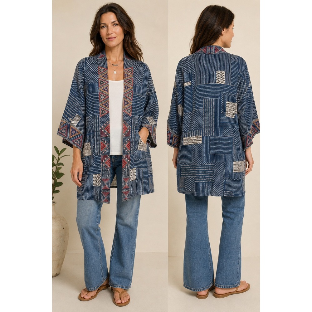 Johnny Was Workshop‎ Thora Chambray Kimono Blue Embroidered Lyocell Jacket Small